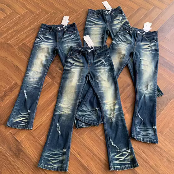 2026 American-Style Heavy-Duty Washed Vintage Distressed Whiskered Ripped Jeans Trendy Slim Fit Flared Cleanfit Pants for Men