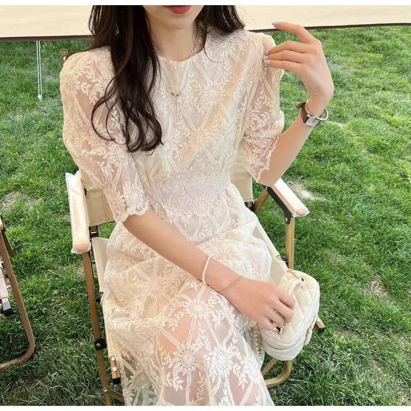 Lace Dress for Women Puff Sleeve High Waist A Line Design Elegant Short Sleeve for Summer