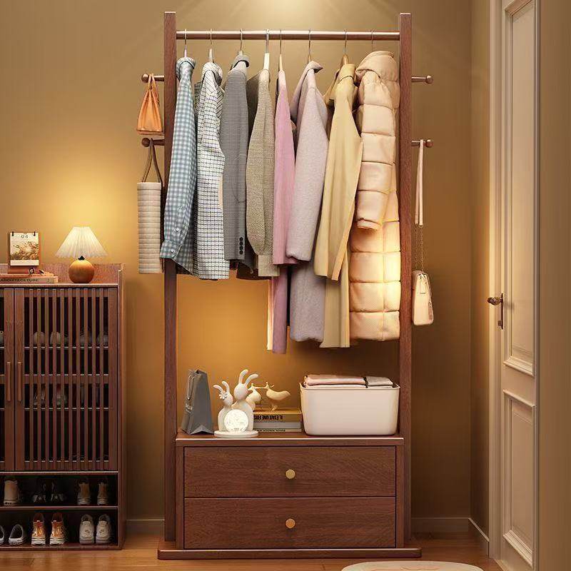 Solid Wood Bedside Table Clothes Rack Storage Integrated Home Drawer Bedroom Floor-Standing Coat Rack Clothes Rack