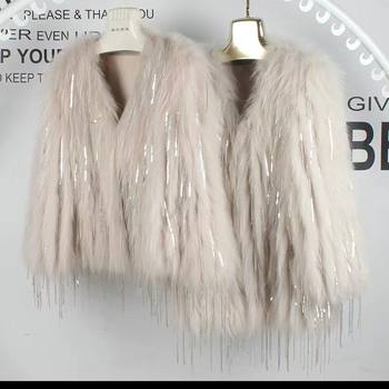 Real Raccoon Fur Coat for Women with Tassels and Sequins, Stylish Short Style for Slimming and Petite Figures