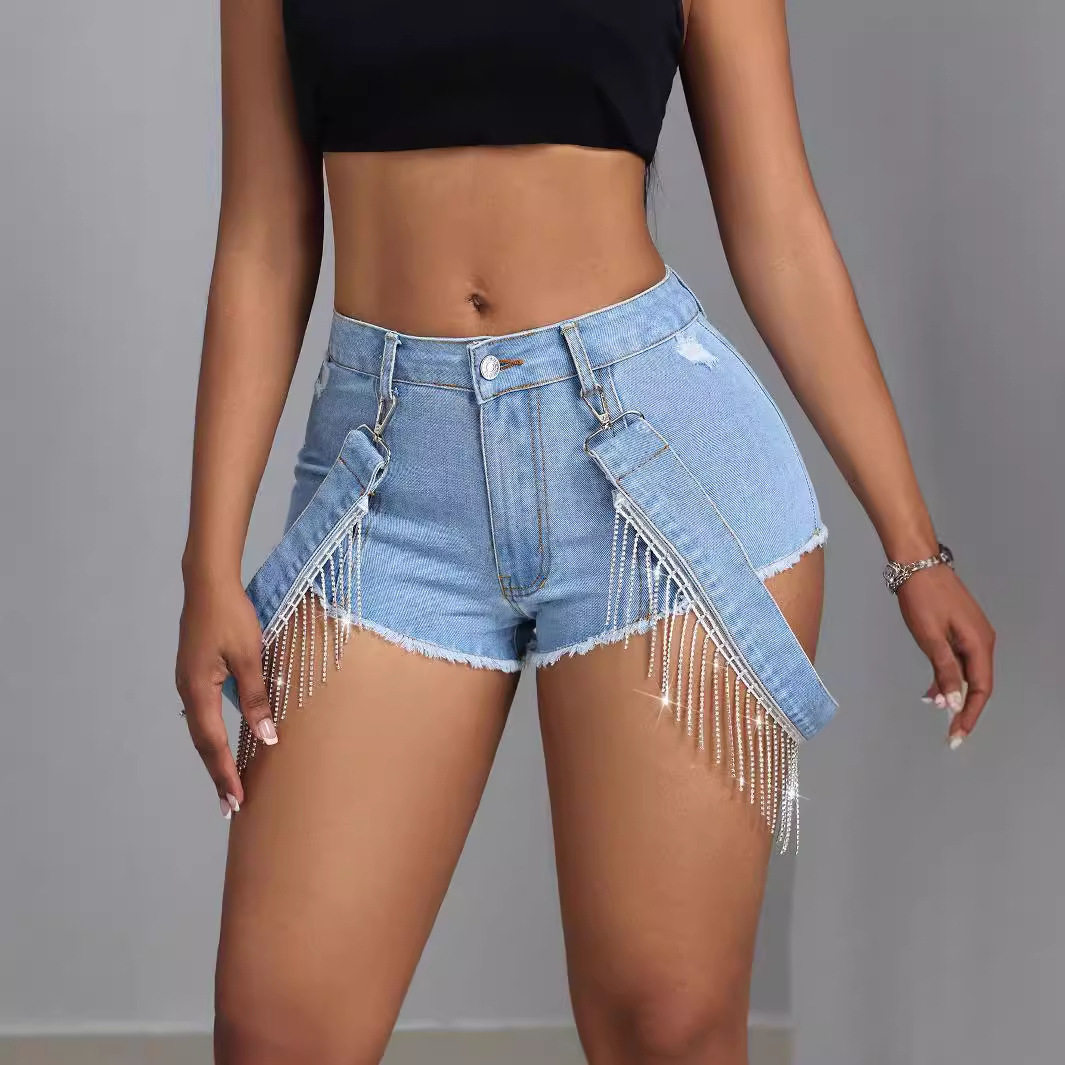 Frayed Denim Shorts Slim Fit Tassel Tie High Waist Casual Summer Wear Wholesale Available customizable