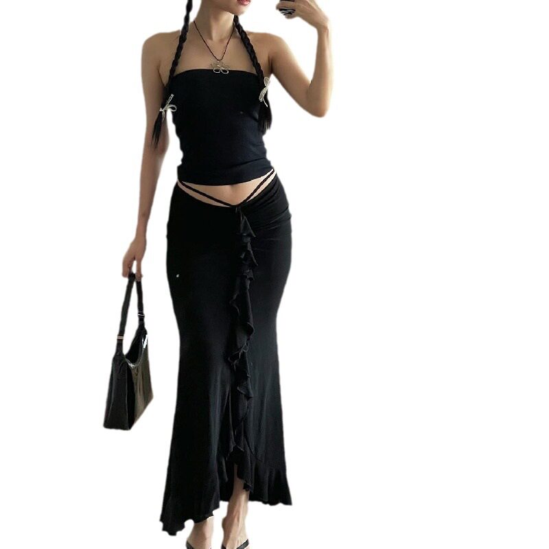 Elegant French Style High Waisted Midi Skirt Slim Fit Ruffled Hem Lace Up Design Perfect for Casual or Formal