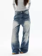 American Retro Washed Patchwork Distressed Jeans for Men and Women, New Trendy Brand Loose-Fitting Cool Pants, Couple's Floor-Length Pants