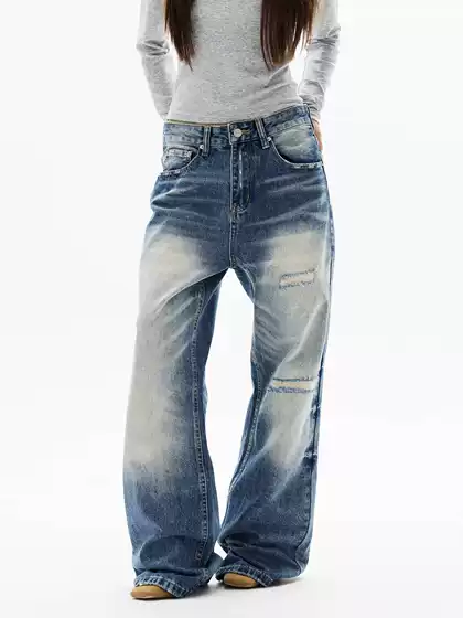 American Retro Washed Patchwork Distressed Jeans for Men and Women, New Trendy Brand Loose-Fitting Cool Pants, Couple's Floor-Length Pants