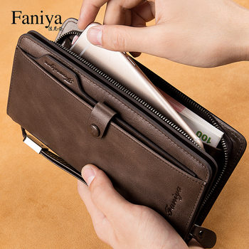 Fania Men's Wallet Long Zipper Genuine Leather Clutch Driver's License Card Bag Cowhide Youth Men's Wallet