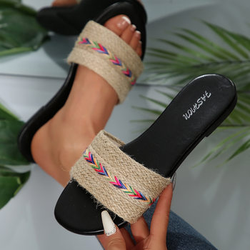 Women's Sandals Cross-Border Women's Shoes Foreign Trade New Fashion Hemp Rope Versatile Solid Color Decorative Round-Toe Women's Slippers