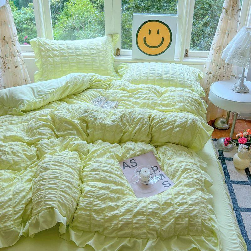 Ins Small Fresh Bubble Skin-Friendly Pure Color Lace Bed Bed Sheets Bed Skirt Four-Piece Set Student Dormitory Three-Piece Set