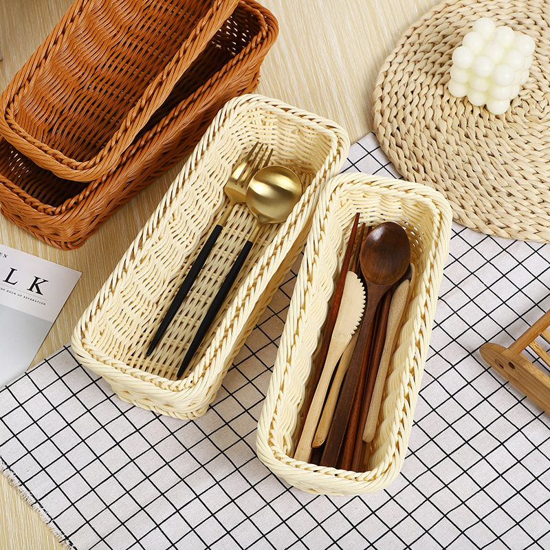 Creative Kitchen Tableware Storage Basket Hotel Restaurant Knife and Fork Basket Household Chopstick Basket Rectangular Imitation Rattan Basket