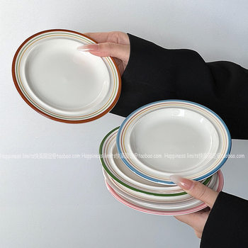 Ins Korean Style Plate Simple Afternoon Tea Snack Plate Dessert Plate Household Mini Dish Plate Ceramic Underglaze Color Plate A^