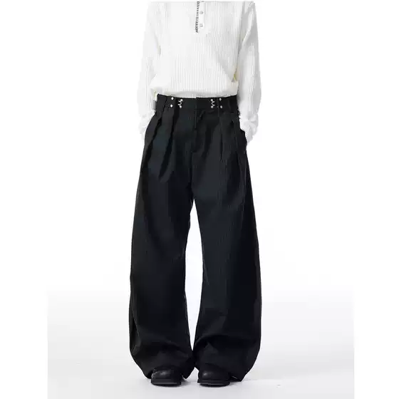American Retro Pleated Design Unisex Spring and Autumn Vertical Striped Wide-Leg Loose Straight Casual Long Pants Scimitar Dress Pants