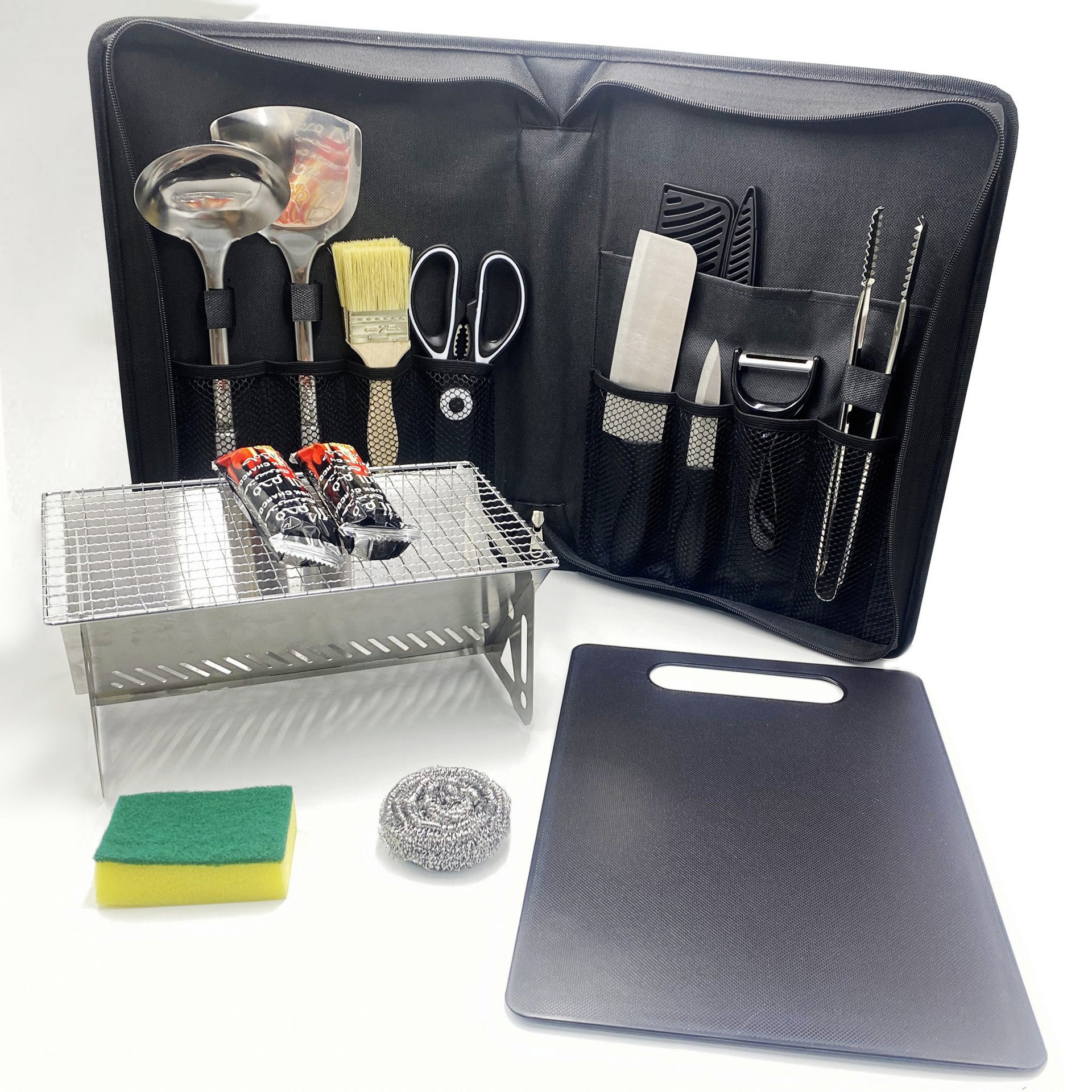 Outdoor Camping Stainless Steel Grill Picnic Set 15-Piece Portable Knife, Scissors, Spatula, Spoon, Charcoal Grill Portable