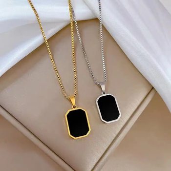 European and American fashion black long square brand necklace female clavicle chain net red necklace black square necklace accessories