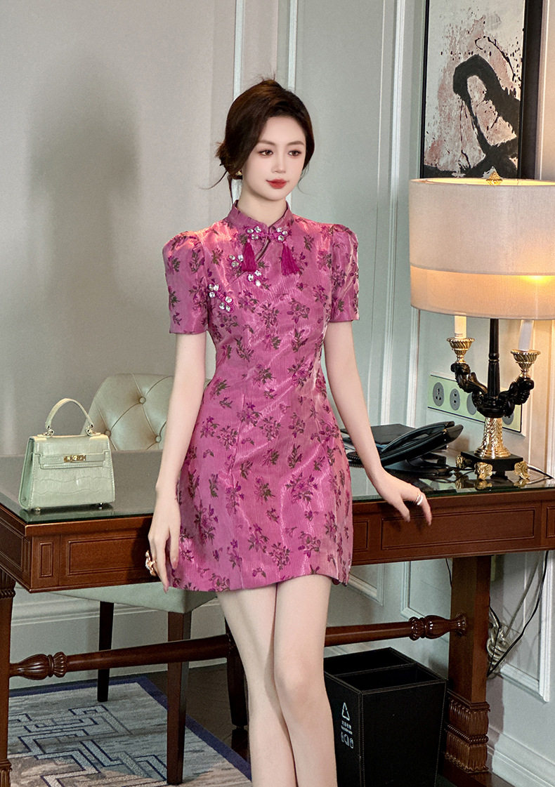 Đầm sơ mi Trung Hoa dáng suông midi in hoa tay ngắn — [Hồng dâu tây] chi tiết 4