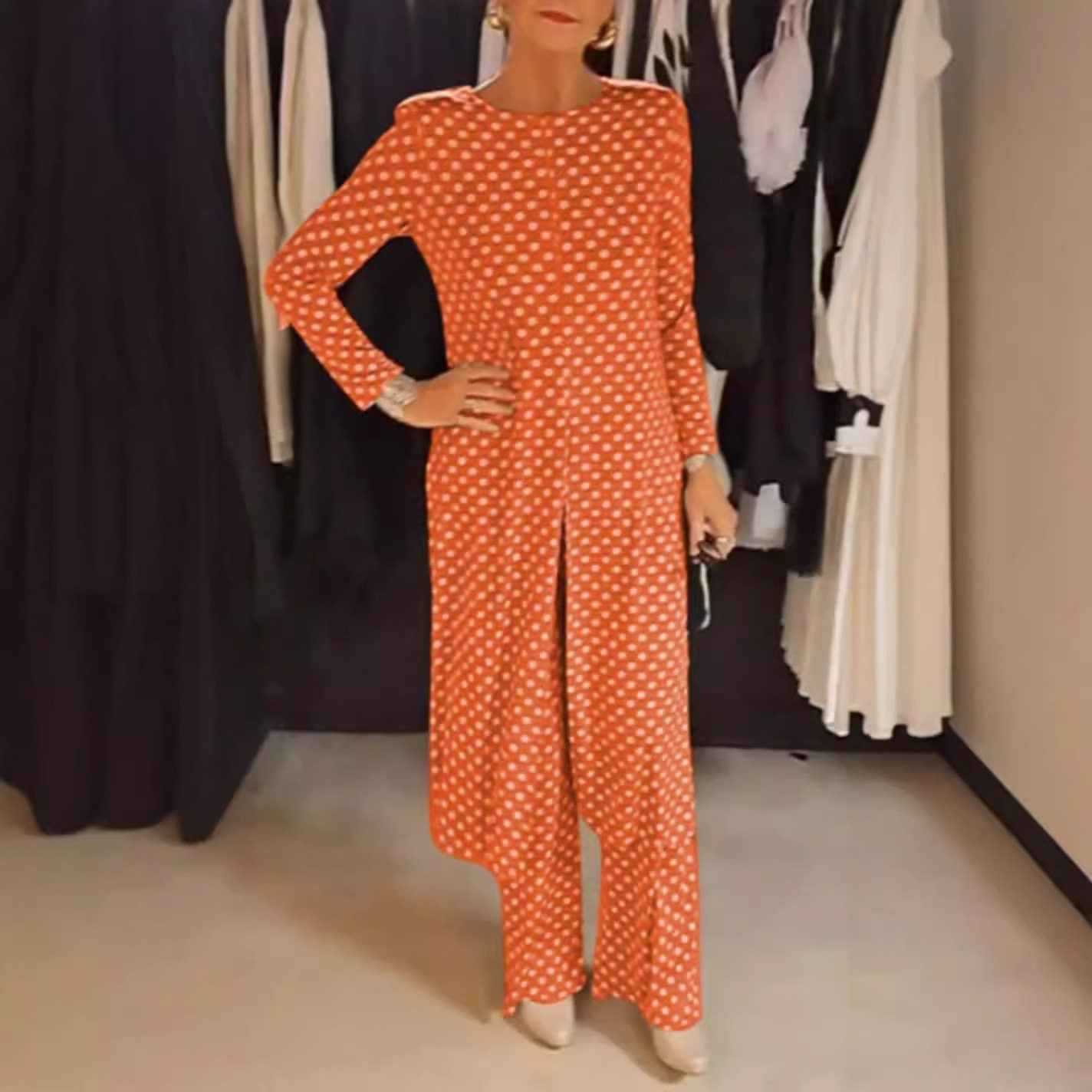 Summer Polka Dot Split Hem Top and Pants Set Slim Fit Round Neck Fashionable Versatile Perfect for Casual Outings