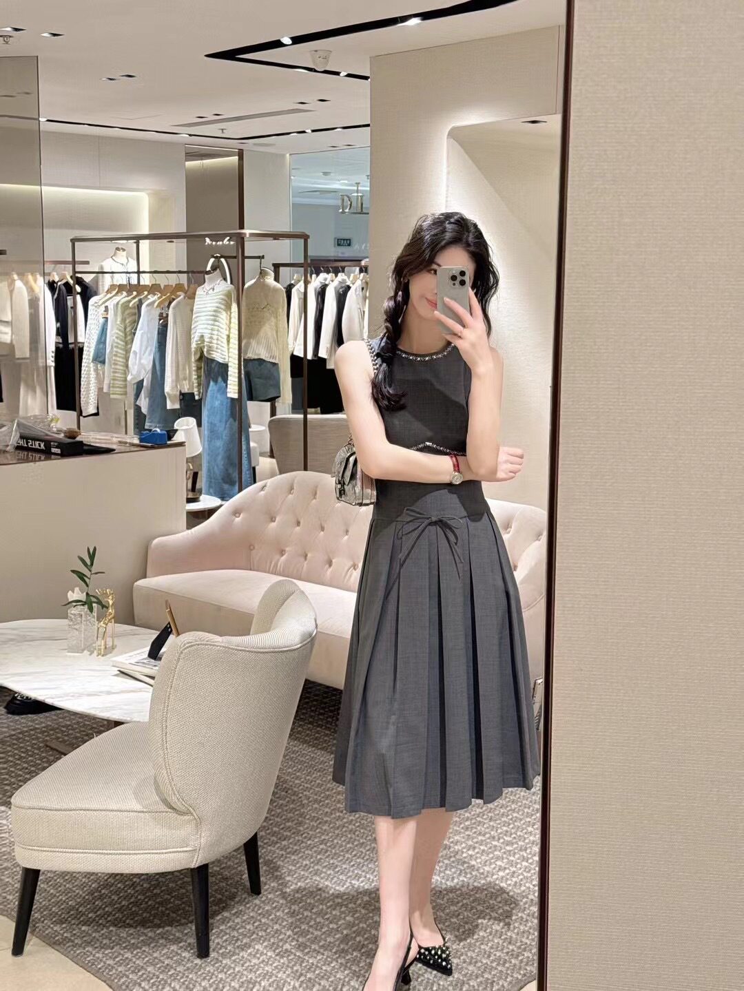 Đầm suông midi tay lỡ cổ tròn chất liệu cotton phối nơ bướm — Xám chi tiết 8