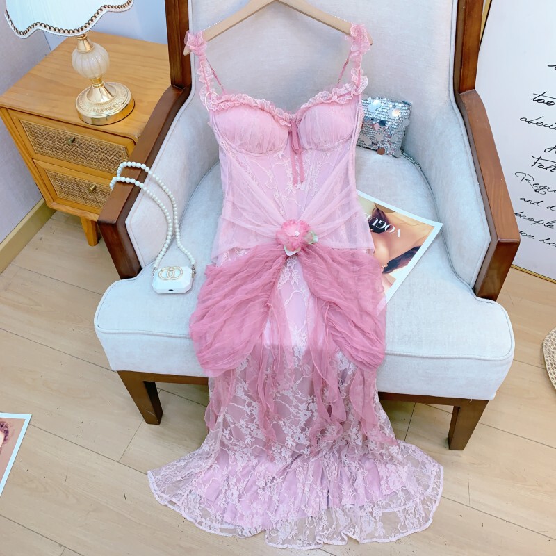 Đầm dây maxi nữ ren lưới phối nơ thắt eo dáng suông — Hồng phấn hồng phấn