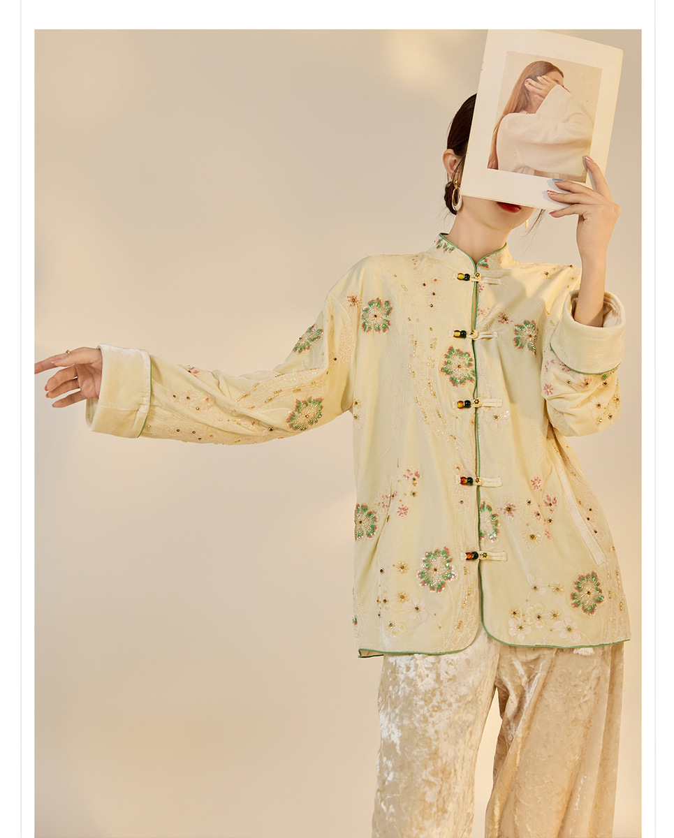 Áo khoác dạ nữ thêu cườm cổ đứng dáng suông — mơ, Mơ [phiên bản cotton]