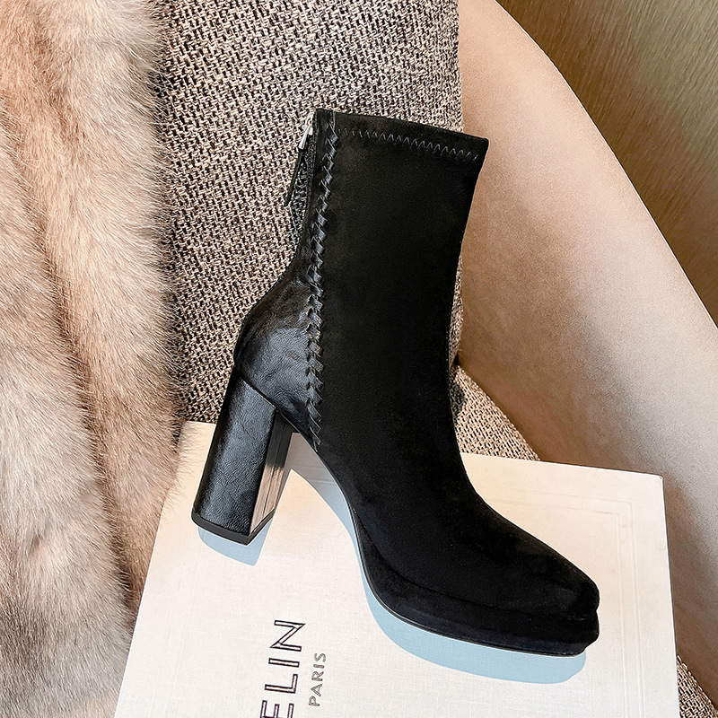 Boot nữ mũi nhọn gót thô cao 9cm cổ ngắn ôm chân phối da cừu — Lớp lót đơn màu đen, Lớp lót đơn màu nâu, Lót nhung đen, Lót nhung màu nâu