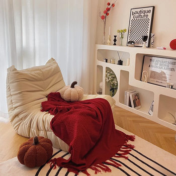 Scandinavian Style Sapphire Blue Knitted Blanket Red Sofa Cover Blanket Tassel Blanket Decorative Blanket Bedside Towel Large Size Bed J^