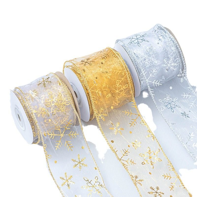 Wholesale Christmas Decoration Plaid Ribbon Hot Stamping Silver Organza Bow Wire Edge Packaging Accessories Snow Gauze Ribbon