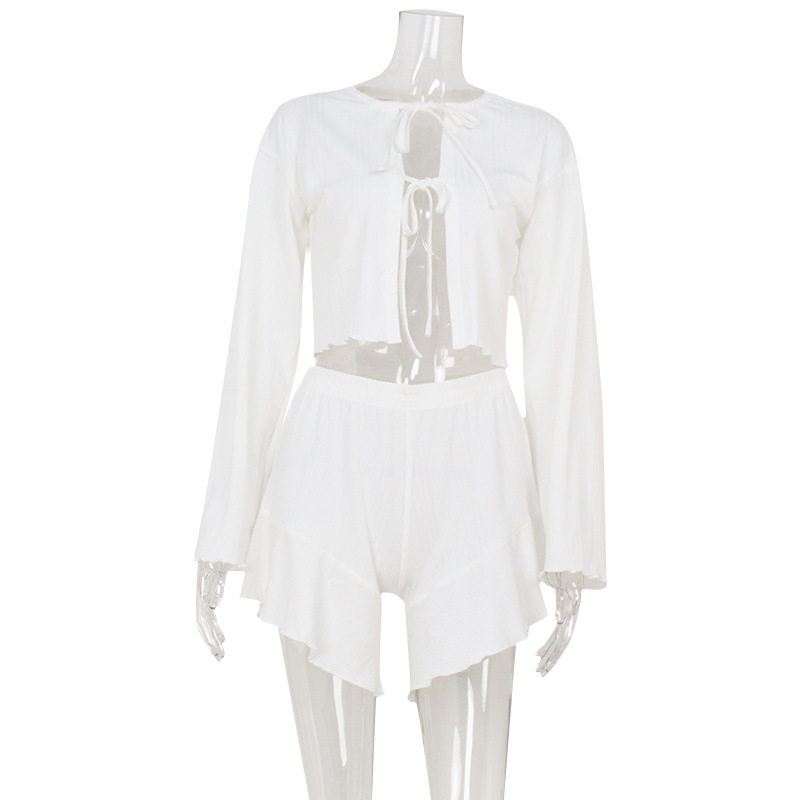 Summer Casual Two Piece Set Loose Fit Cardigan Top with Drawstring and Shorts Comfortable Home Wear Wholesale Available