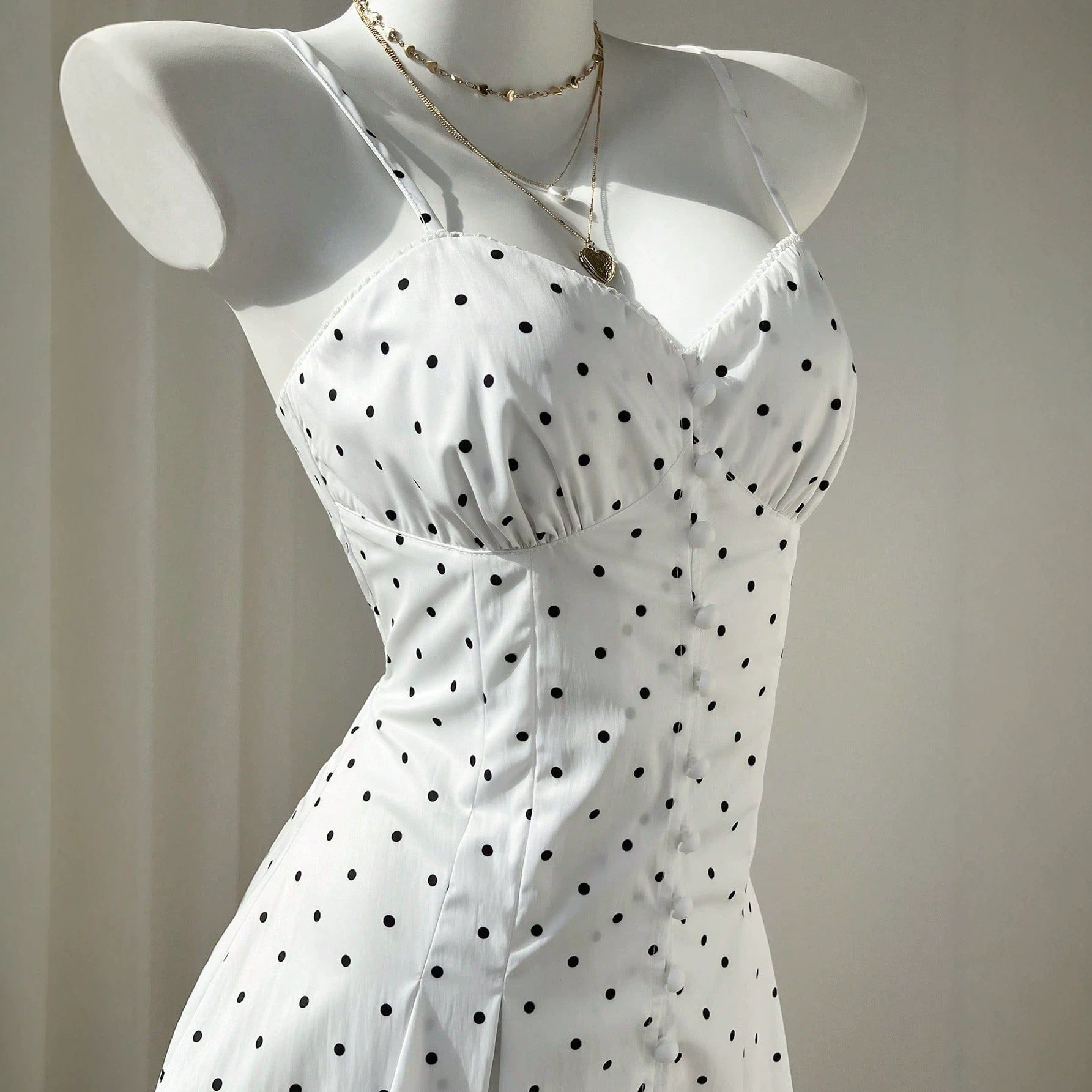 Sweet Polka Dot A Line Dress Adjustable Straps Waist Cinching Summer Style Ready to Ship Low MOQ