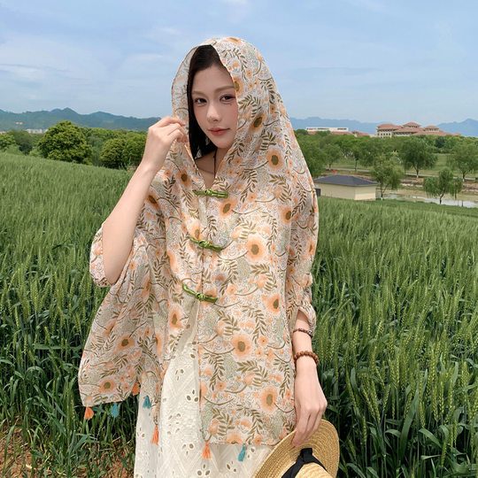 Sun Protection Shawl for Women Summer New Style Buckle Long Ethnic Style Travel Photo Thin Beach Silk Scarf Scarf Shawl