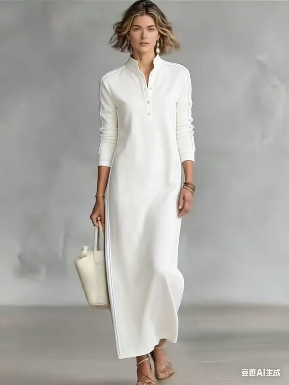 2026跨境外贸速卖通新款女士阿拉伯风格简约纽扣领长袖长款连衣裙