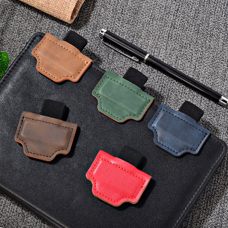 Cross-Border Popular Crazy Horse Leather Magnetic Bookmark, Leather Magnetic Pen Loop, Pu Bookmark, Book Pen Holder with Texture