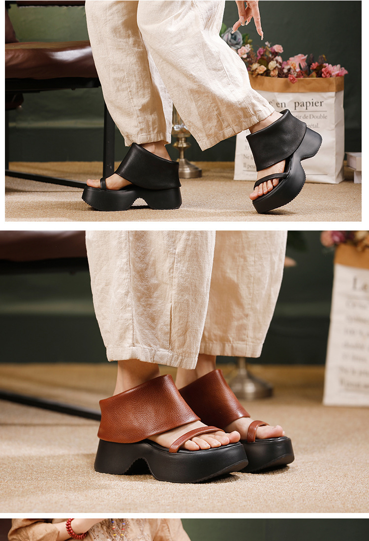 Sandal La Mã nữ da bò thật đế dày gót cao thoải mái — màu đen, Màu nâu