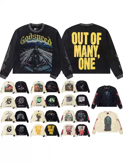 Cross-Border Trendy Godspeed New American Street Hip-Hop Print Retro Waffle Casual Long-Sleeve T-Shirt