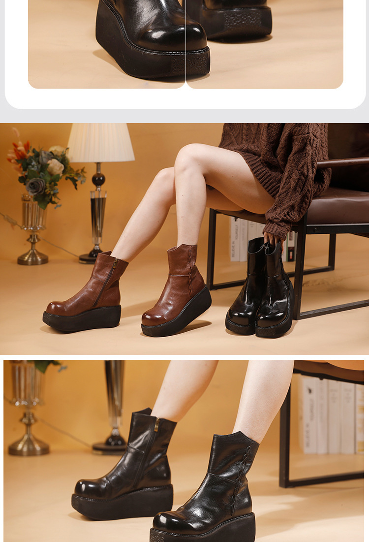Boot nữ cổ thấp da bò thật đế dày gót nêm khóa kéo bên — màu đen, Màu nâu