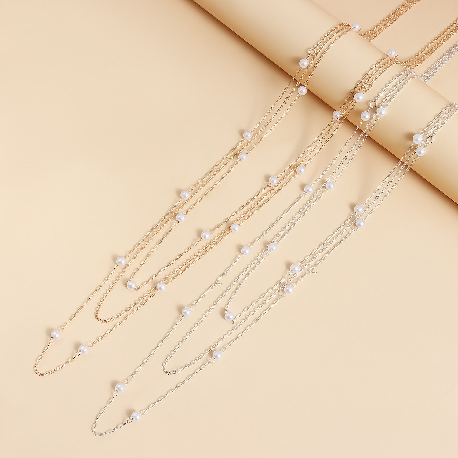 欧美跨境饰品 长款秋冬优雅仿珍珠层次项链女 几何潮流毛衣链批发