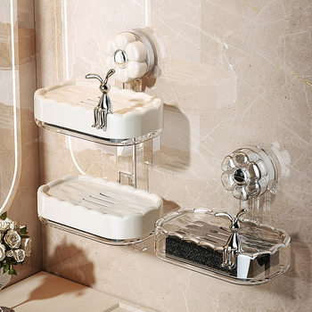 Suction Cup Soap Box Wall-mounted Soap Box Storage Rack Non-perforated Household Bathroom Draining Double-layer Toilet Storage