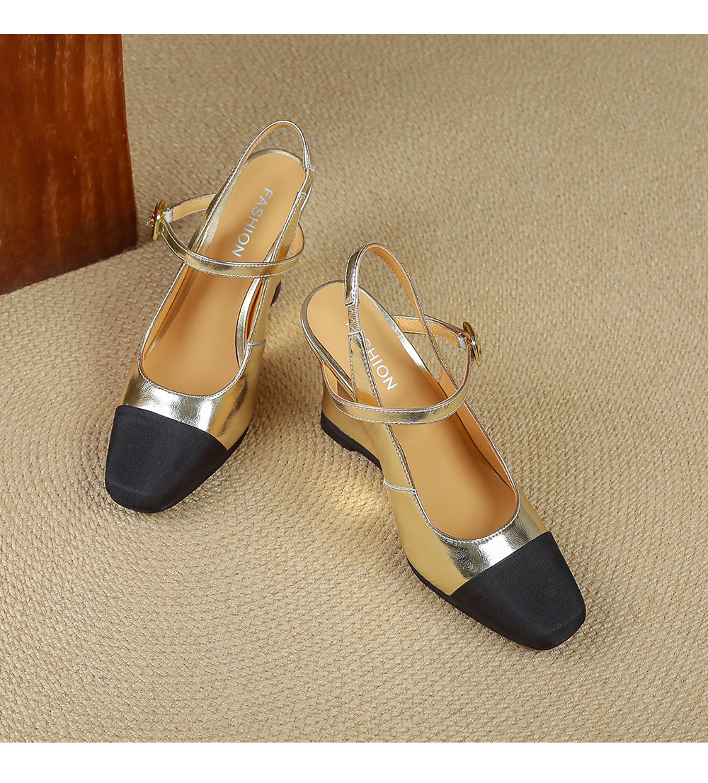 Sandal nữ mũi vuông bít mũi hở gót gót xuồng quai ngang — Màu bạc, màu vàng kim