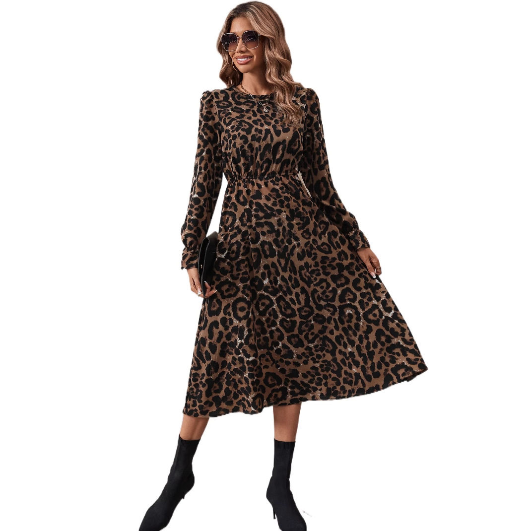 Leopard Print Dress Fashionable Floral Design Round Neck Short Sleeve Perfect for Summer Events Wholesale Available