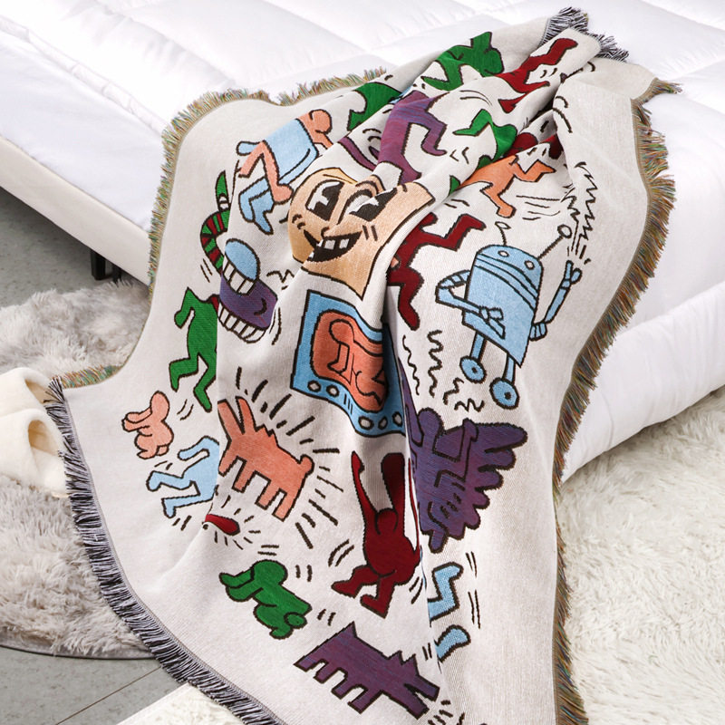 Cross-border Foreign Trade Camping Blanket Moisture-proof Camping Mat Jacquard Tapestry Cartoon Style Sofa Towel Thread Blanket Multifunctional Sofa Blanket