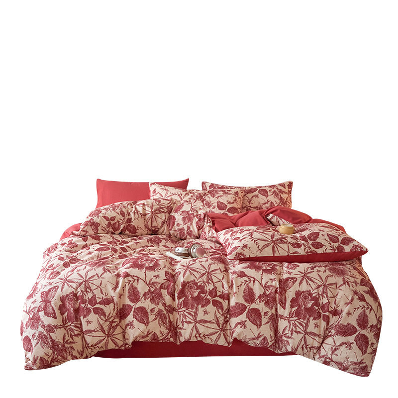 Class a 180-Count Brushed Cotton Four-Piece Set 100% Cotton Quilt Cover Bed Sheetss Autumn and Winter Thickeneded Three-Piece Set Nantong Home Textiles