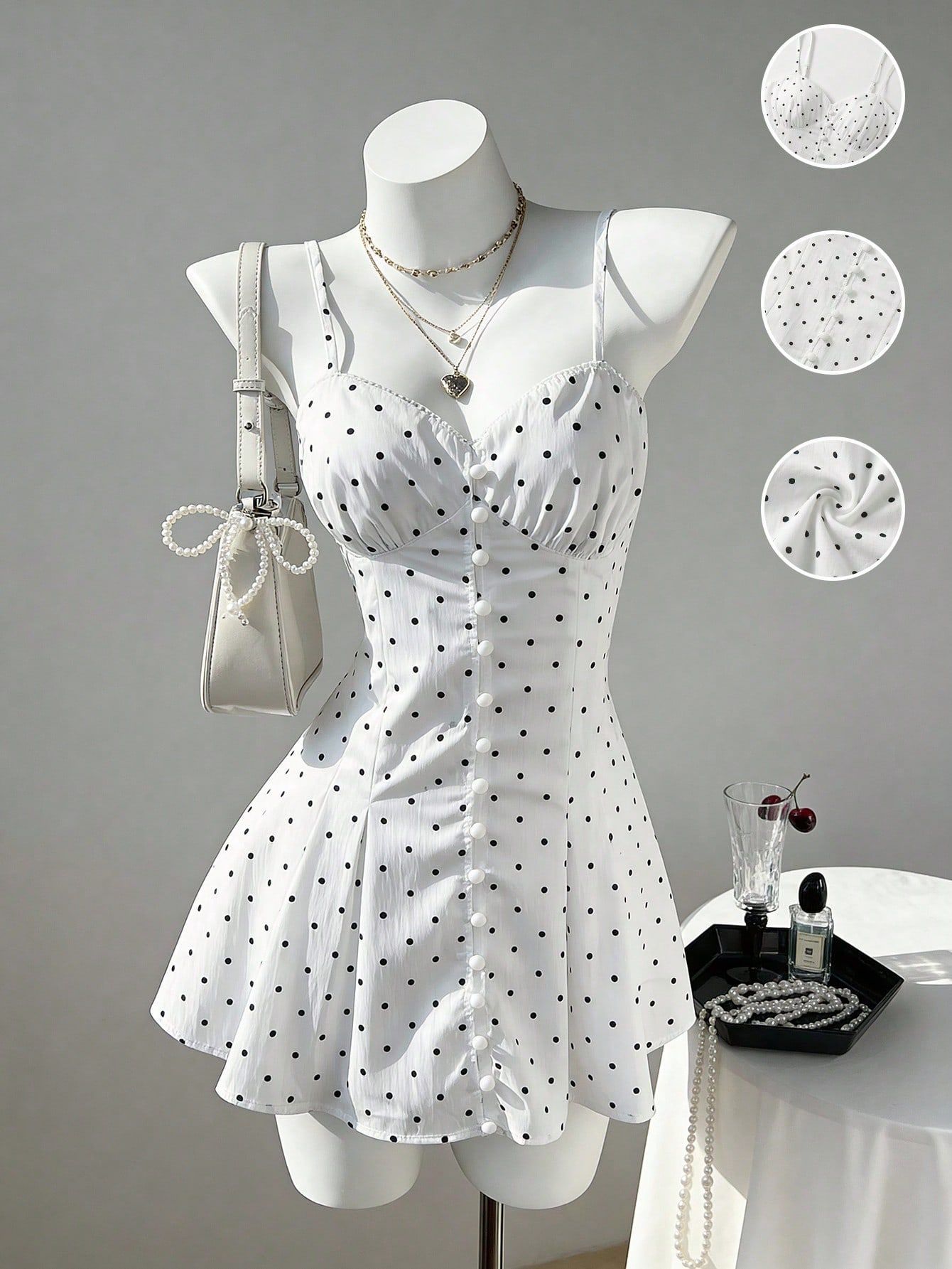 Sweet Polka Dot A Line Dress Adjustable Straps Waist Cinching Summer Style Ready to Ship Low MOQ