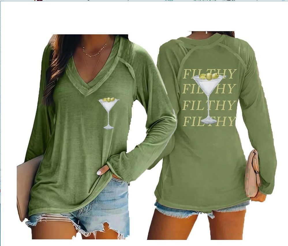 外贸跨境夏季女装简约休闲v领长袖T恤印花T恤女 独立站厂家货源