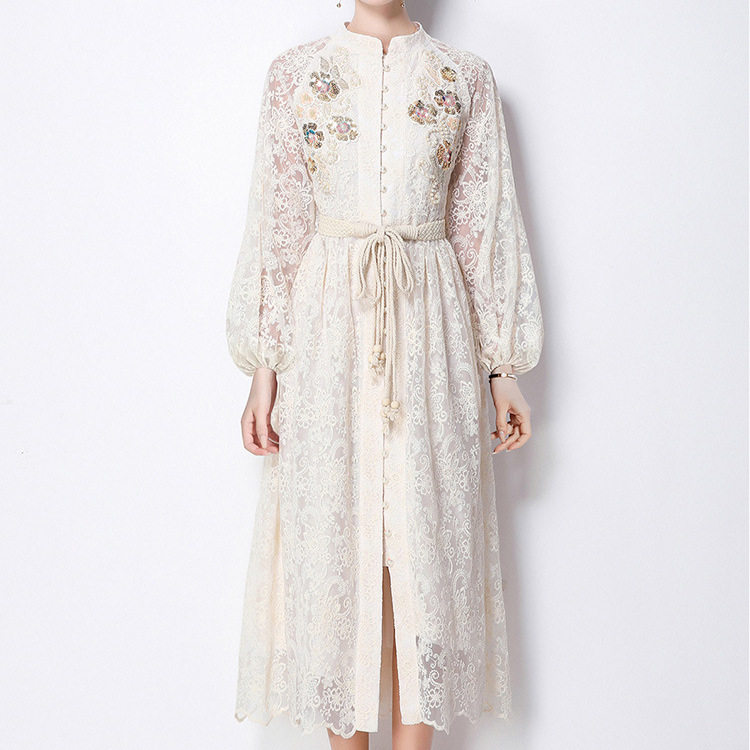 French Vintage Embroidered Dress Beaded Sequined Waist Tie Lantern Sleeves Elegant Autumn Long Dress Wholesale