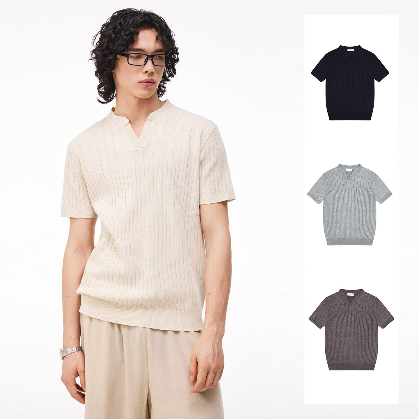 เงินเก่าสไตล์เล็ก เสื้อสเวตเตอร์พร็อพแขนสั้นคอวีสีทึบ 26 ใหม...