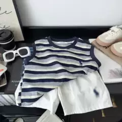 Linlin Ma Boys' Vest Set 2025 Summer Korean Style Popular Embroidered Striped Baby Loose Vest Two-Piece Set