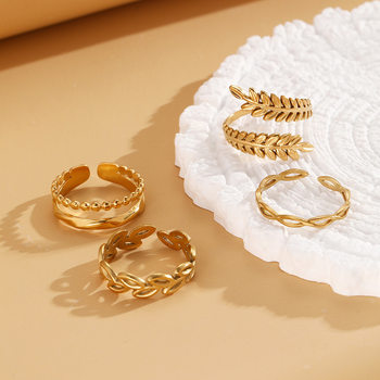 Stainless Steel Cross-Border Hot-Selling Leaf Open Ring Set for Men and Women, Niche Light Luxury Adjustable Ring Wholesale