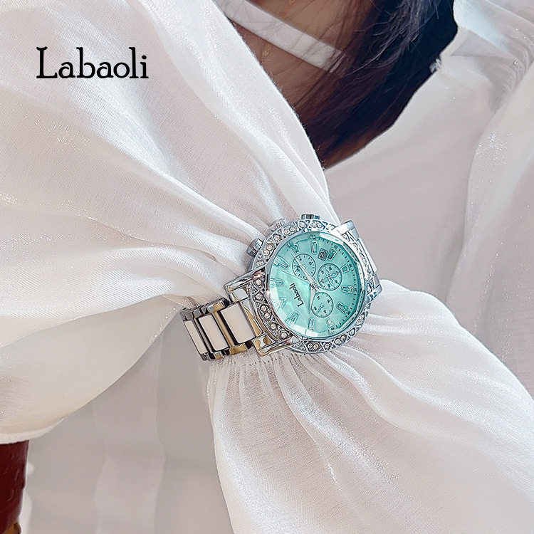 Labaoli Fashion Women's Watch, Elegant Waterproof Quartz Watch with Diamond and Mother-Of-Pearl Large Dial Calendar Watch