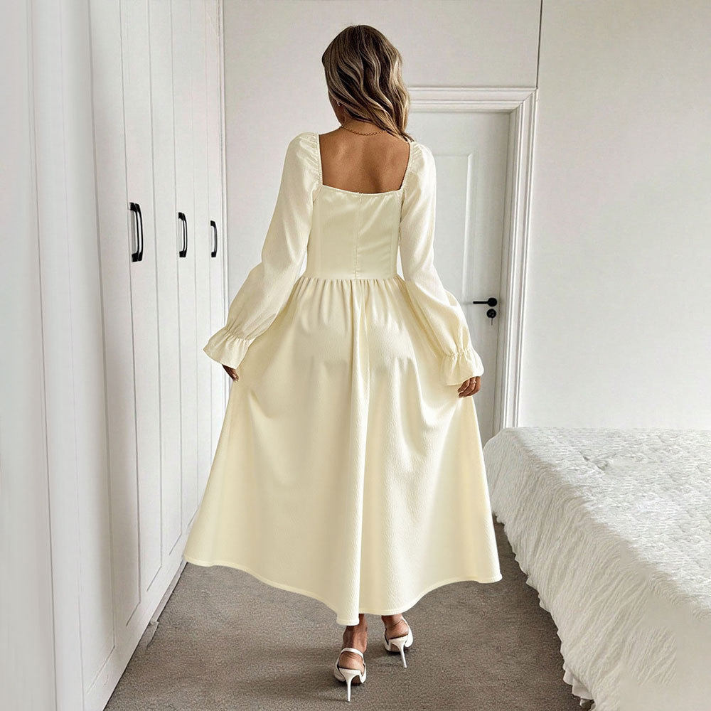 Womens A Line Long Sleeve Dress Square Neck Tie Waist Pleated Flattering Fit Elegant Casual Wear for Spring Fall