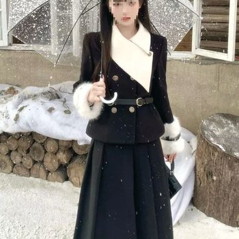 Korean-Style Waist-Cinching Slant-Neck Woolen Jacket + Black Pleated Skirt Two-Piece Set of Sheep Velvet