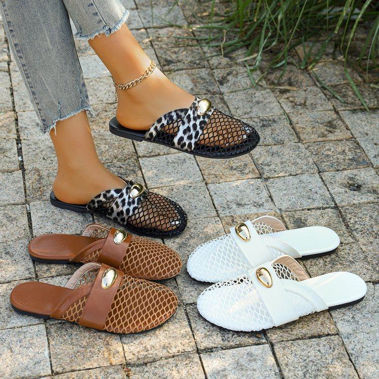Cross-Border Large Size Metal Buckle Toe-Toe Mesh Slippers for Women 2025 Summer New European and American Fashion Women's Slippers Breathable and Comfortable