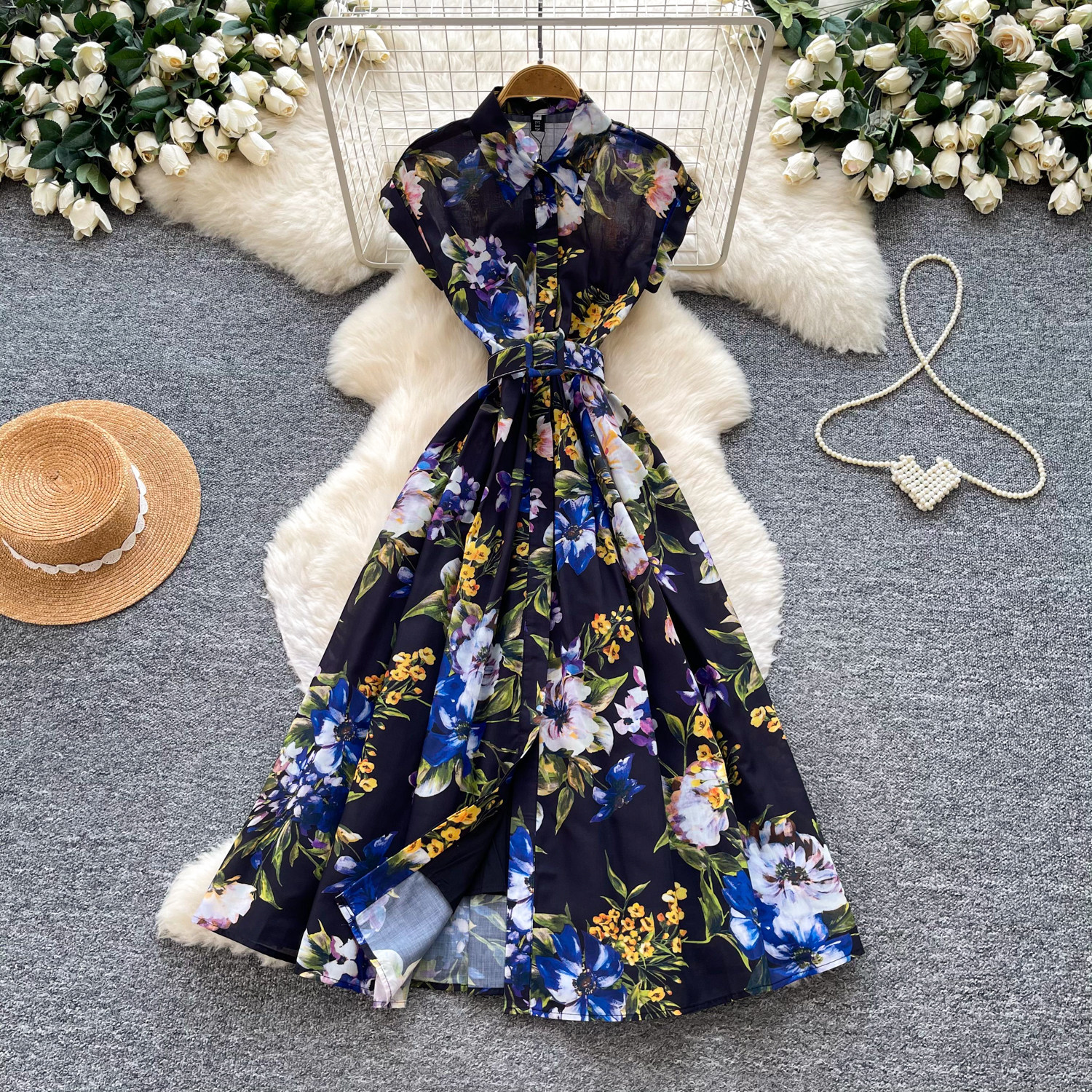 French Vacation Style Floral Print Sleeveless Maxi Dress Lightweight Waist Defining Flattering Fit Summer Elegance