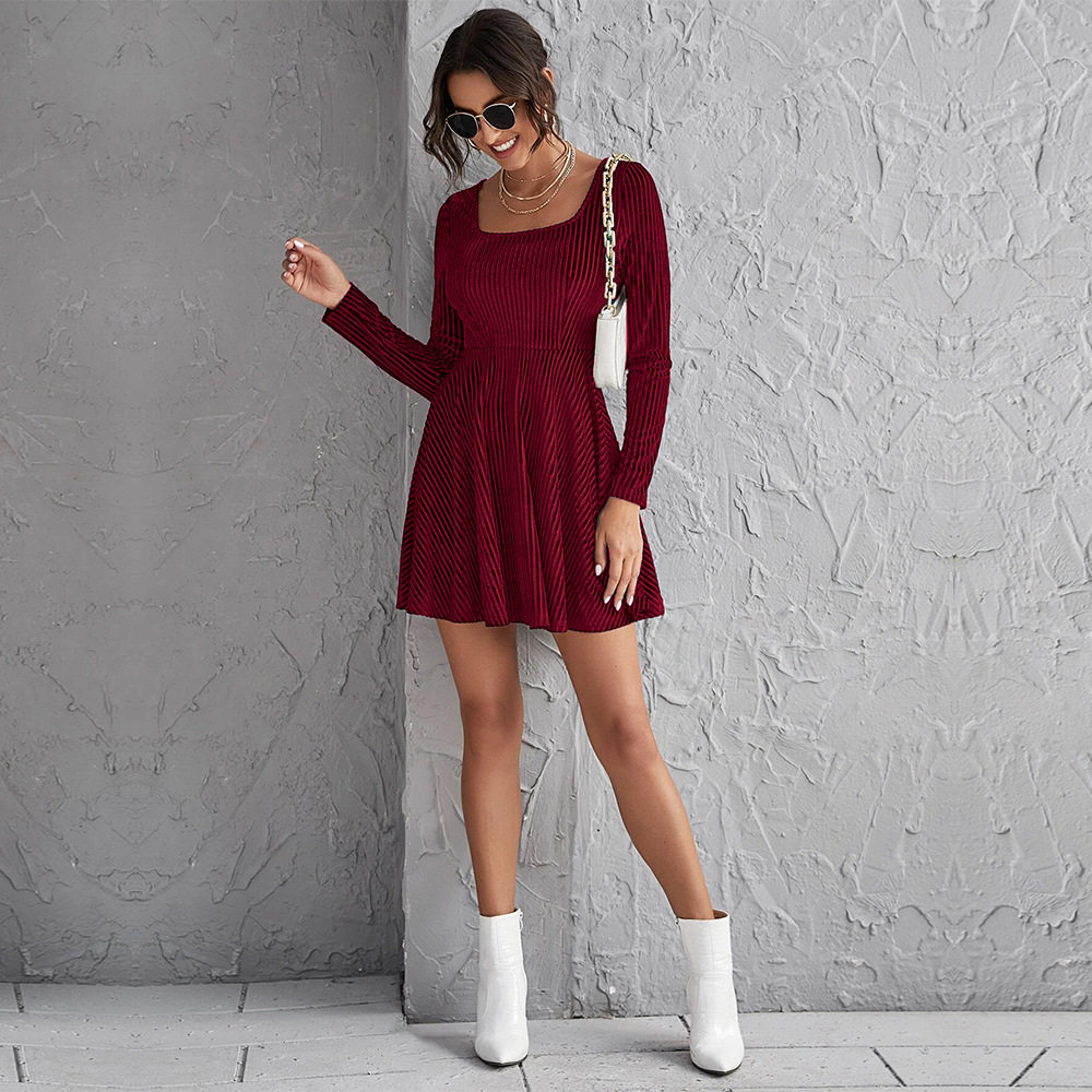 Womens Velvet Long Sleeve Dress Waist Defining Flared Hem Elegant Style Perfect for Parties and Events Wholesale